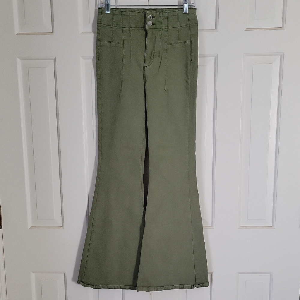 Green High Waist 70s Style Olive Flare Leg Jeans Womens Sz 29 Organic Cotton